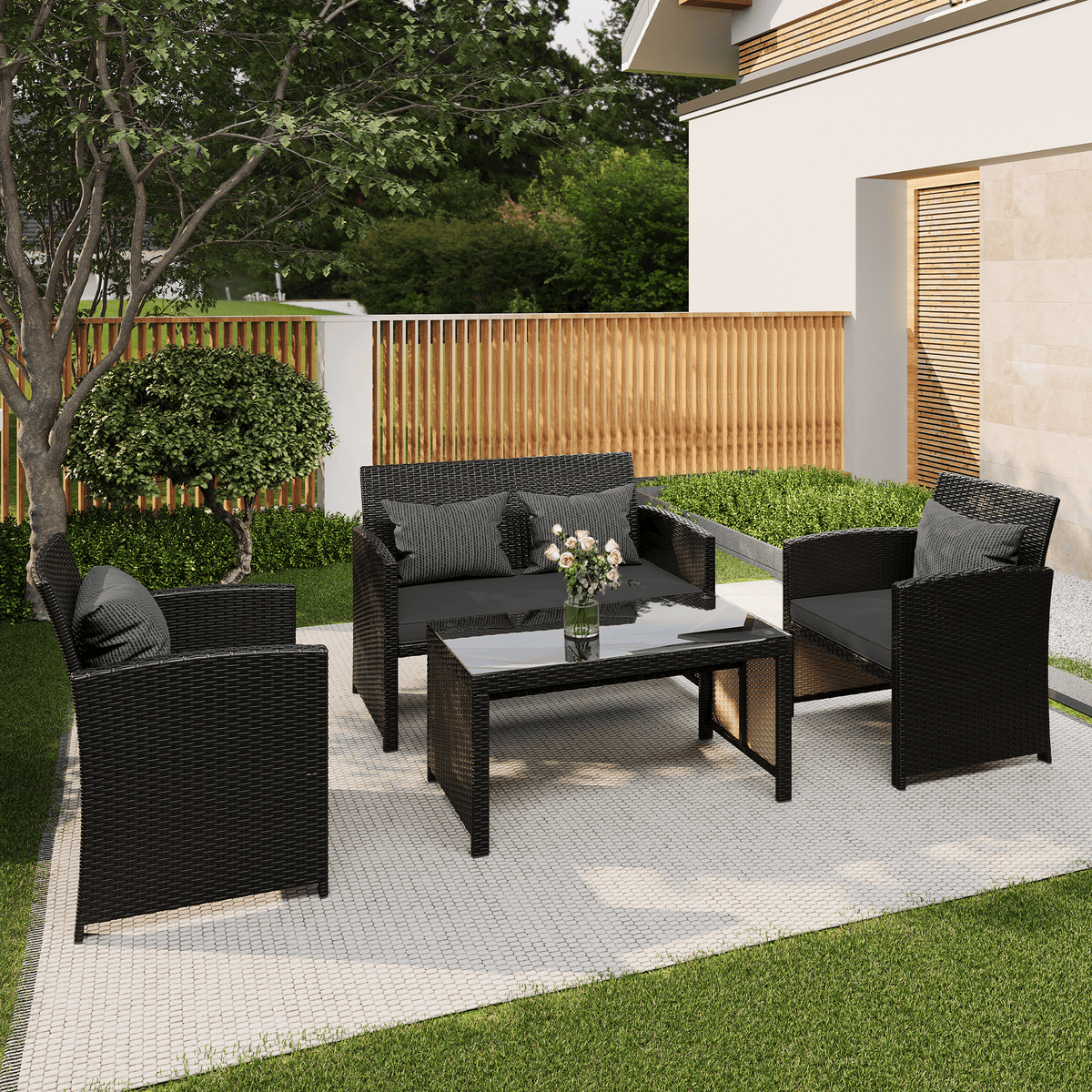 EROMMY 4-Piece Patio Furniture Set, Outdoor Wicker Patio Conversation Set with Cushions, Sofa & Glass Coffee Table, Gray