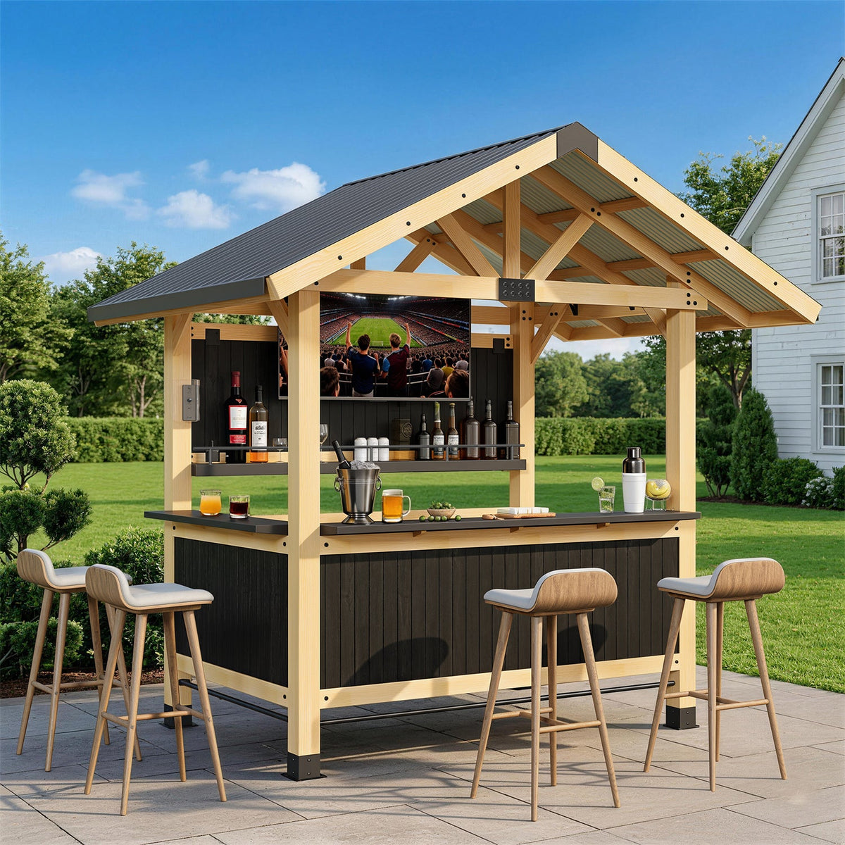 EROMMY 9' x 6' Bar Gazebo with TV Mount, Wood Outdoor Entertaining  Bar Set with Galvanized Steel Roof, Grill Gazebo For Patio