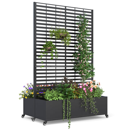 EROMMY Dual Metal Planter Box with Trellis, 73"x47"x31" Raised Garden Bed with Wheels and Drainage Holes, Planter with Trellis for Garden, Balcony & Patio, Black