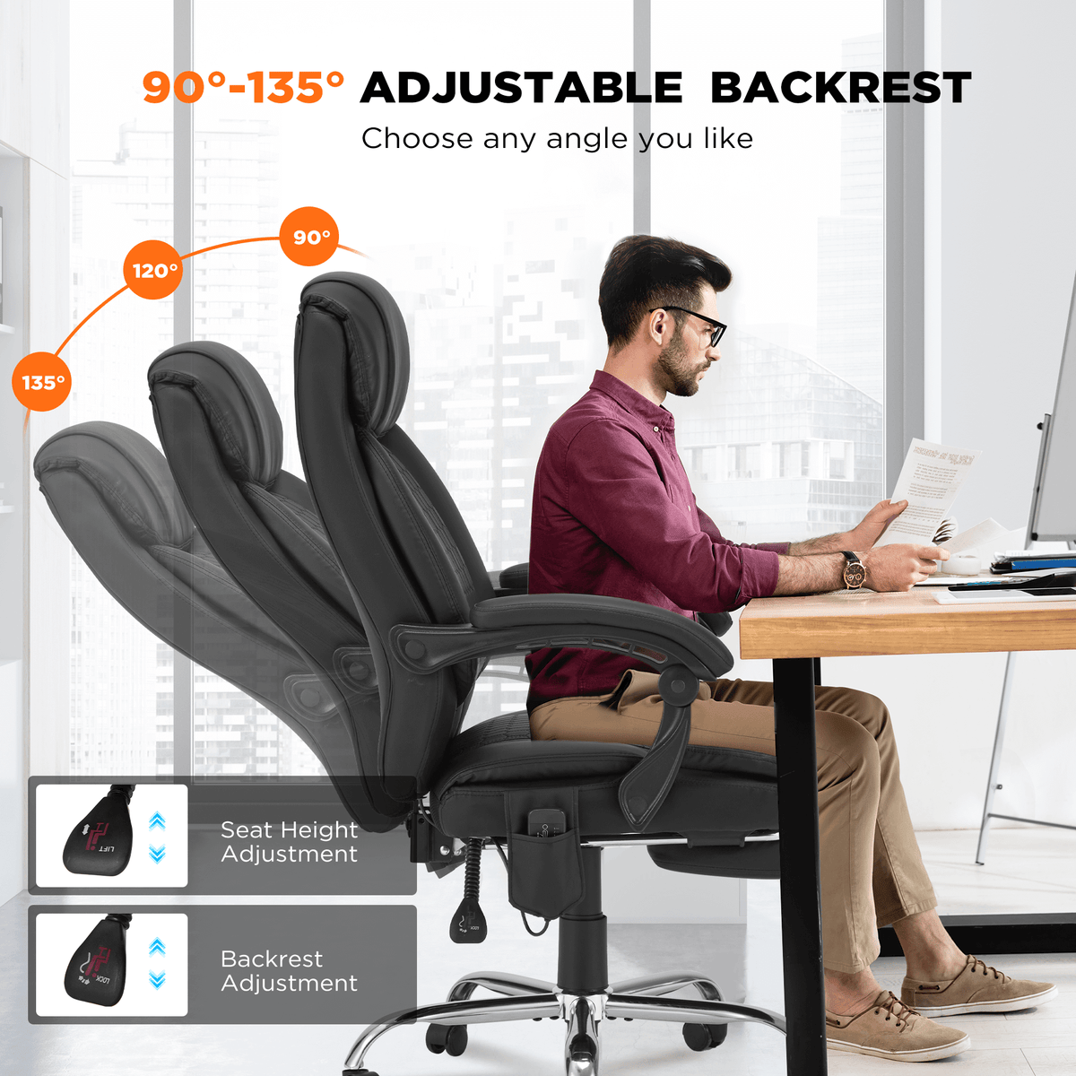 Erommy Executive Heat & Massage Reclining Leather Ergonomic Office Chairs, Black (2 Pack)