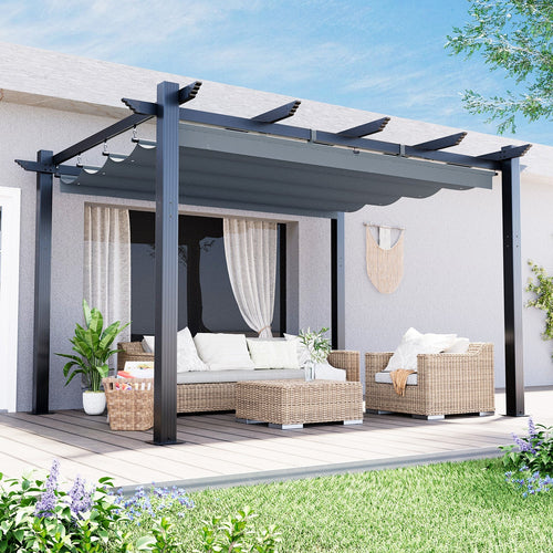 EROMMY Retractable Pergola 10x13 Ft, Outdoor Aluminum Shelter with Dual Adjustable Sun Shade Canopy for Patio Backyard, Locking System Includes Straps & Screws (Gray)