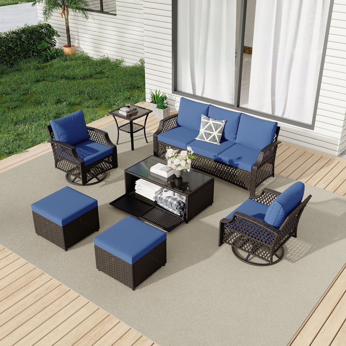 EROMMY 2 Piece All-Weather Outdoor Wicker Ottoman, Patio Footrest & Extra Seat with Thick Cushion (Navy Blue)