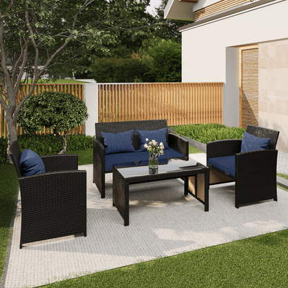 EROMMY 4-Piece Patio Furniture Set, Outdoor Wicker Patio Conversation Set with Cushions, Sofa & Glass Coffee Table, Navy Blue