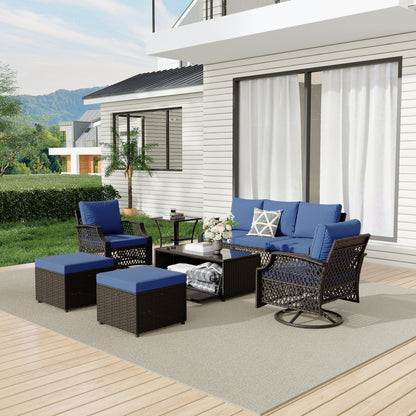 EROMMY 2 Piece All-Weather Outdoor Wicker Ottoman, Patio Footrest & Extra Seat with Thick Cushion (Navy Blue)