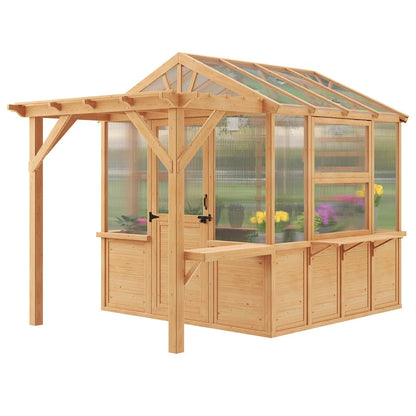 EROMMY 7x11 FT Spruce Wood Greenhouse with Pergola, Walk-in Polycarbonate Greenhouse Kit with Top-Hung Windows