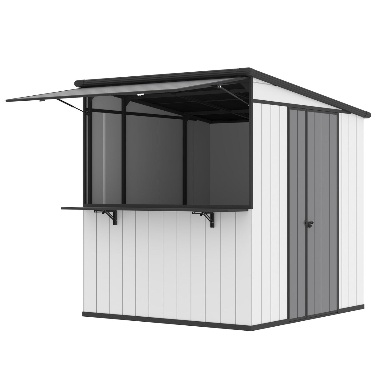EROMMY 7x6 FT Outdoor Storage Shed with Foldable Bar Counter & Hydraulic Support Overhang, Metal Shed Backyard Bar Cabana, Lockable Small Shed for Outdoor Storage