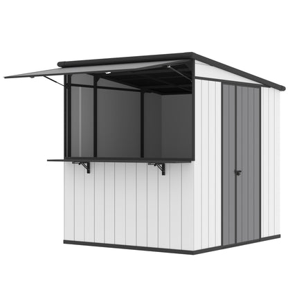 EROMMY 7x6 FT Outdoor Storage Shed with Foldable Bar Counter & Hydraulic Support Overhang, Metal Shed Backyard Bar Cabana, Lockable Small Shed for Outdoor Storage