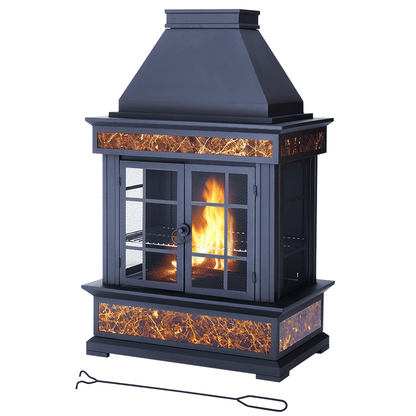 EROMMY 57" Outdoor Fireplace, Tile Finish Wood Burning Steel Fire Pit with Removable Ash Pan & Grate, Chimney, Fire Poker, Rain Cover