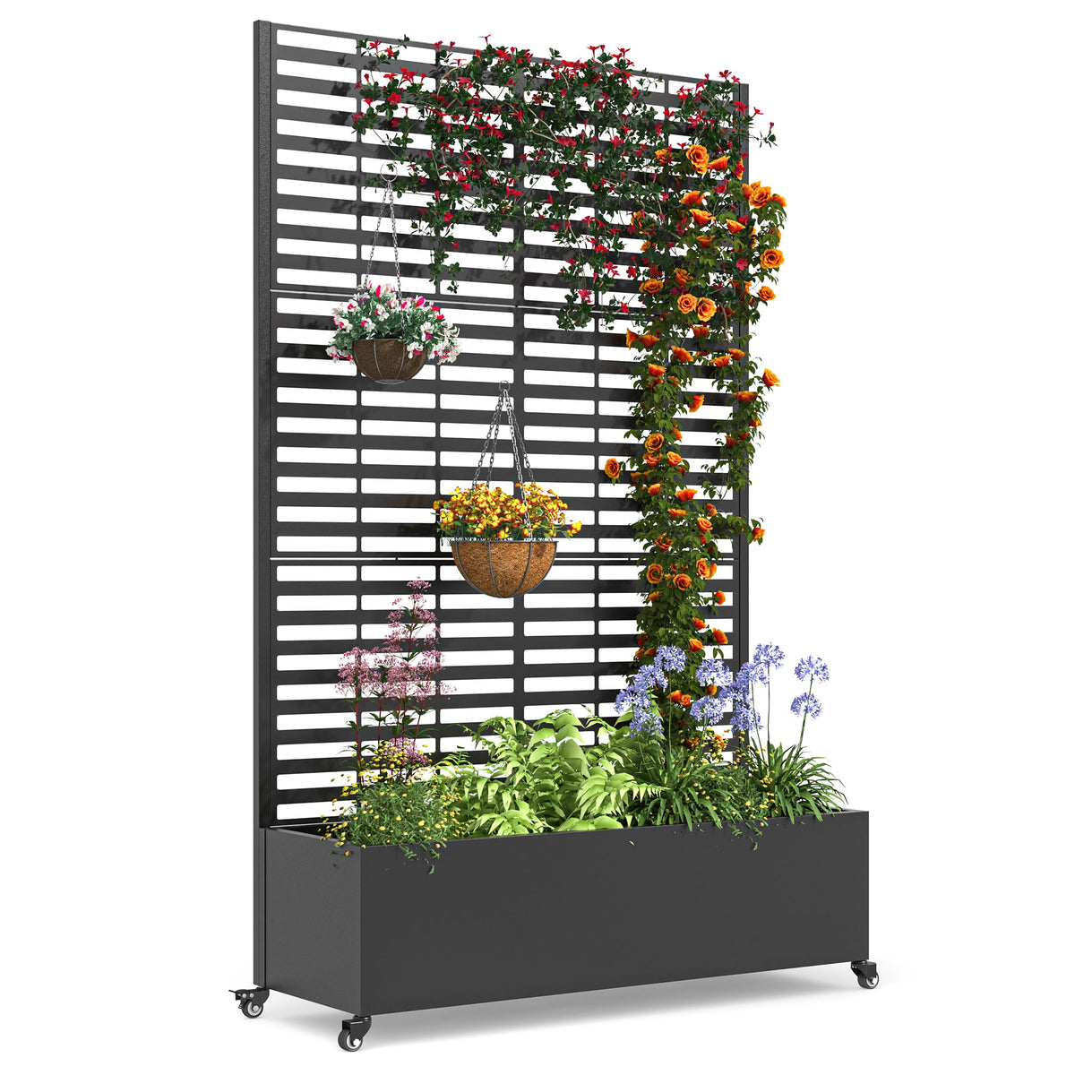 EROMMY Metal Planter Box with Trellis, 73"x 47"x 16" Raised Garden Bed with Wheels and Drainage Holes, Planter with Trellis for Garden, Balcony and Patio, Black