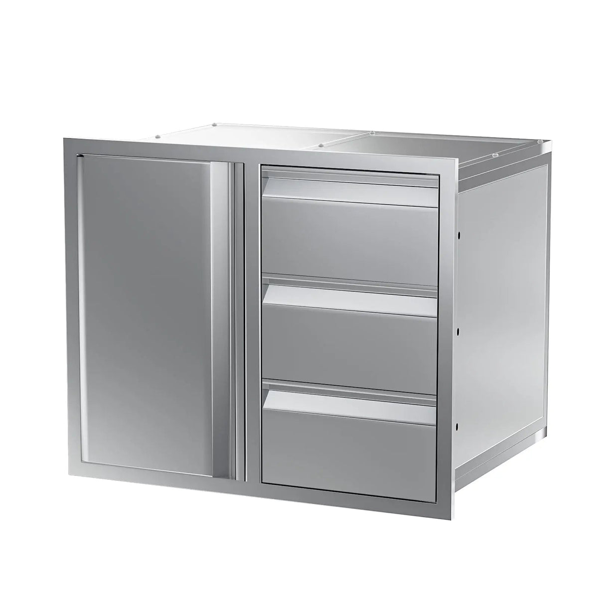 EROMMY Outdoor Kitchen Drawer and Trash Bin Combo - 28"Wx20"Dx23"H Built-in 304 Stainless Steel Cabinet with Triple Drawers & Pull-Out Trash Drawer, Silver