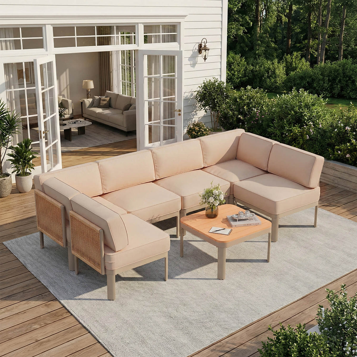 EROMMY 7 Pieces Patio Sectional Furniture Set, Aluminum Frame Outdoor Conversation Set with 6" Thick Cushions & Coffee Table, Beige