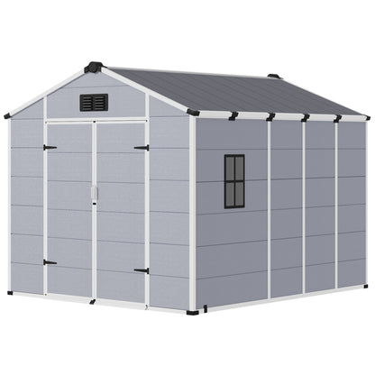 8x10 FT Outdoor Storage Shed, Weather-Resistant Shed with Lockable Double Doors & Built-In Floor, Sloped Roof Outdoor Shed for Backyard, Patio & Lawn, Gray