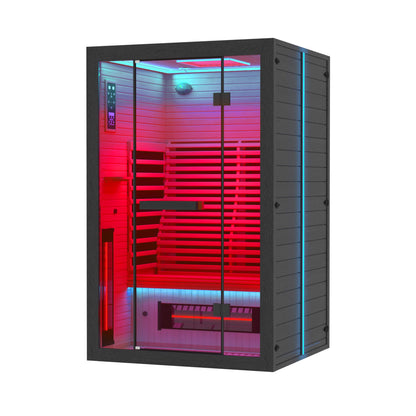 EROMMY 2 Person Infrared Sauna with Red Light Therapy, 360° Fast Heating, 7-Color LED & Bluetooth, Adjustable Seat, Black