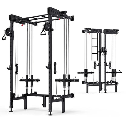 EROMMY Folding Squat Rack, Wall Mounted Power Rack with Cable Crossover Machine & LAT Pull Down Multi-Function Space-Saving Power Cage, Black