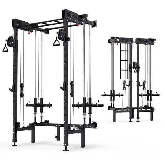 EROMMY Folding Squat Rack, Wall Mounted Power Rack with Cable Crossover Machine & LAT Pull Down Multi-Function Space-Saving Power Cage, Black