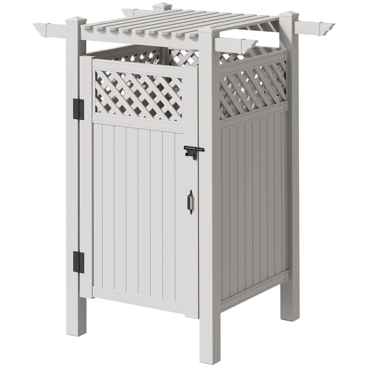 EROMMY 88.5"H x 57.5"W x 47.75"L White PVC Outdoor Shower Enclosure with Door, Weatherproof Privacy Stall for Pool & Beach, Durable Vinyl Construction（Grid-panel with roof）