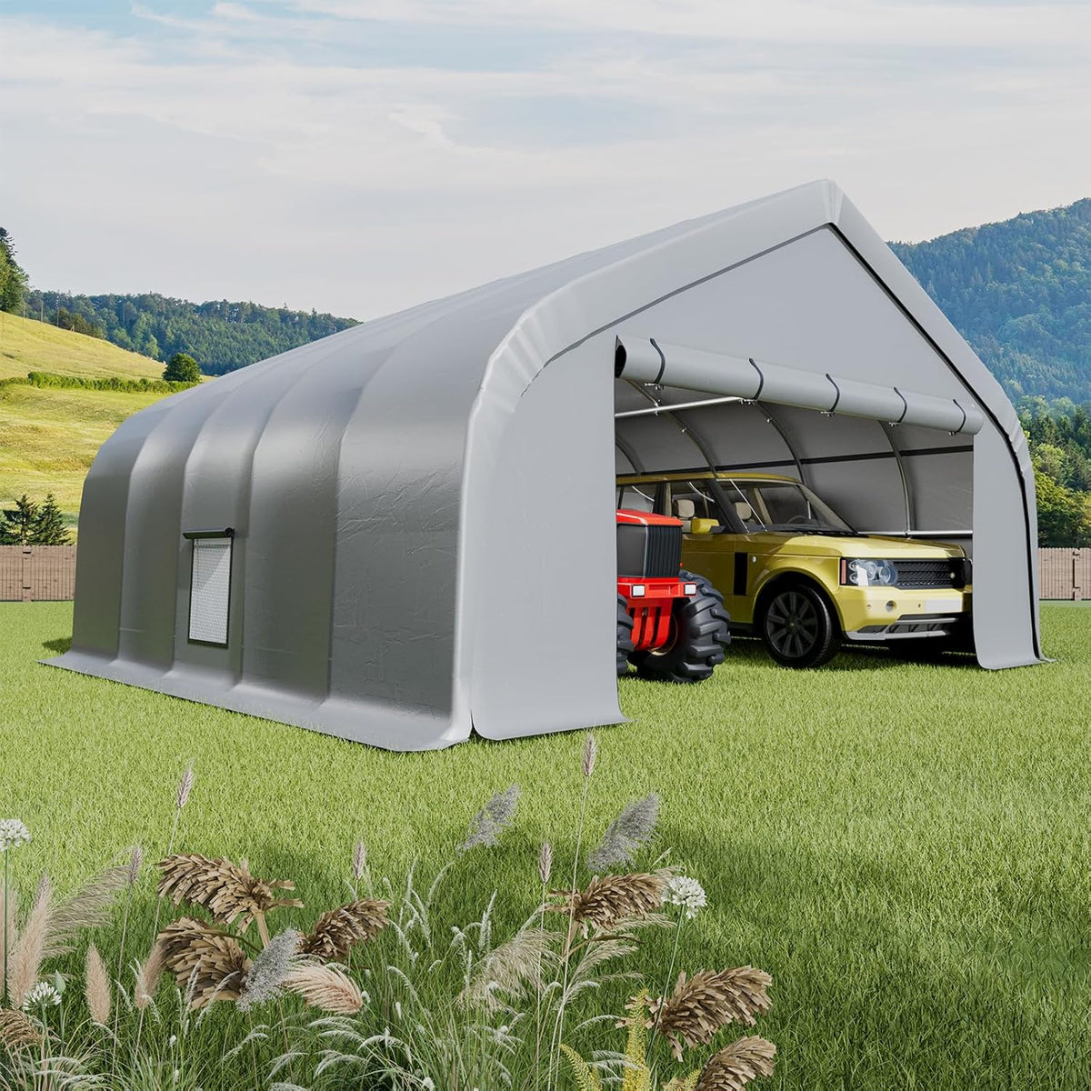 EROMMY 20x20 FT Heavy Duty Durable Carport, Galvanized Steel Frame Garage Shelter and Outdoor Storage, Waterproof 3-Layer PE Cover, Fits 2 Cars, Boat, Farm Equipment, Silver Gray