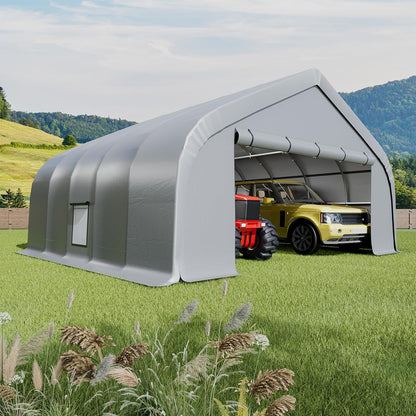 EROMMY 20x20 FT Heavy Duty Durable Carport, Galvanized Steel Frame Garage Shelter and Outdoor Storage, Waterproof 3-Layer PE Cover, Fits 2 Cars, Boat, Farm Equipment, Silver Gray