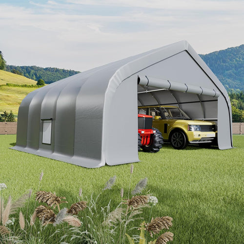 EROMMY 20x20 FT Heavy Duty Durable Carport, Galvanized Steel Frame Garage Shelter and Outdoor Storage, Waterproof 3-Layer PE Cover, Fits 2 Cars, Boat, Farm Equipment, Silver Gray