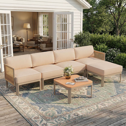 EROMMY 6-Piece Aluminum Outdoor Sectional Sofa Set with Ottoman, Cushions & Coffee Table, Beige