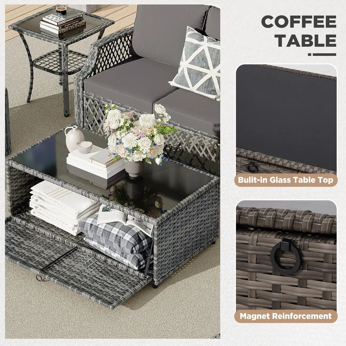 EROMMY 3 Piece Patio Furniture Set, Outdoor Wicker Ottoman & Coffee Table Set, 2 Cushioned Footrests with 1 Patio Side Table, Gray
