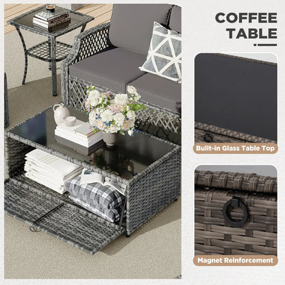 EROMMY 3 Piece Patio Furniture Set, Outdoor Wicker Ottoman & Coffee Table Set, 2 Cushioned Footrests with 1 Patio Side Table, Gray