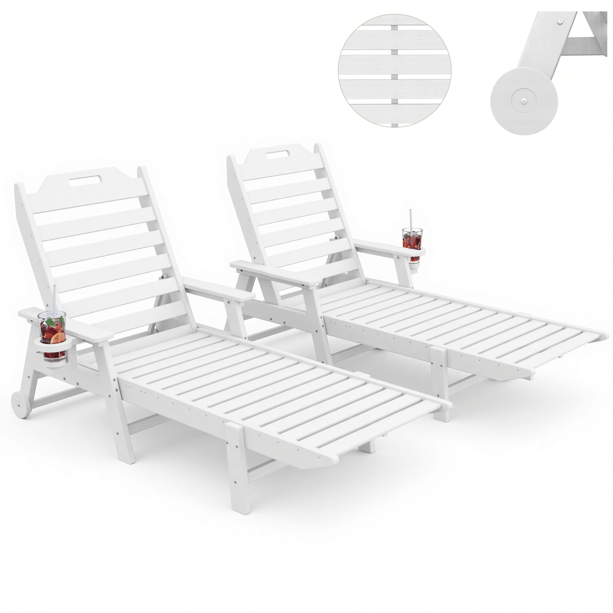 EROMMY 24" W Oversized Chaise Lounge Chairs Set of 2, Adjustable HDPE Outdoor Chairs with Wheels & Cup Holder, White