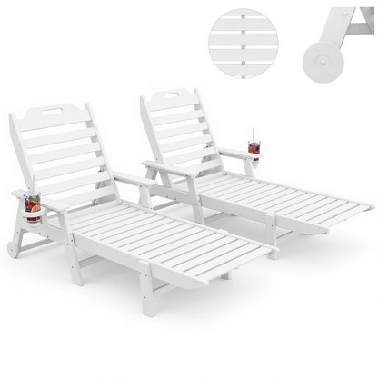EROMMY 24" W Oversized Chaise Lounge Chairs Set of 2, Adjustable HDPE Outdoor Chairs with Wheels & Cup Holder, White