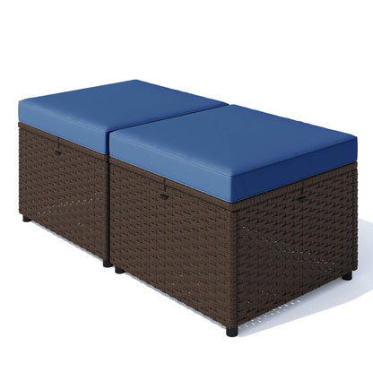 EROMMY 2 Piece All-Weather Outdoor Wicker Ottoman, Patio Footrest & Extra Seat with Thick Cushion (Navy Blue)