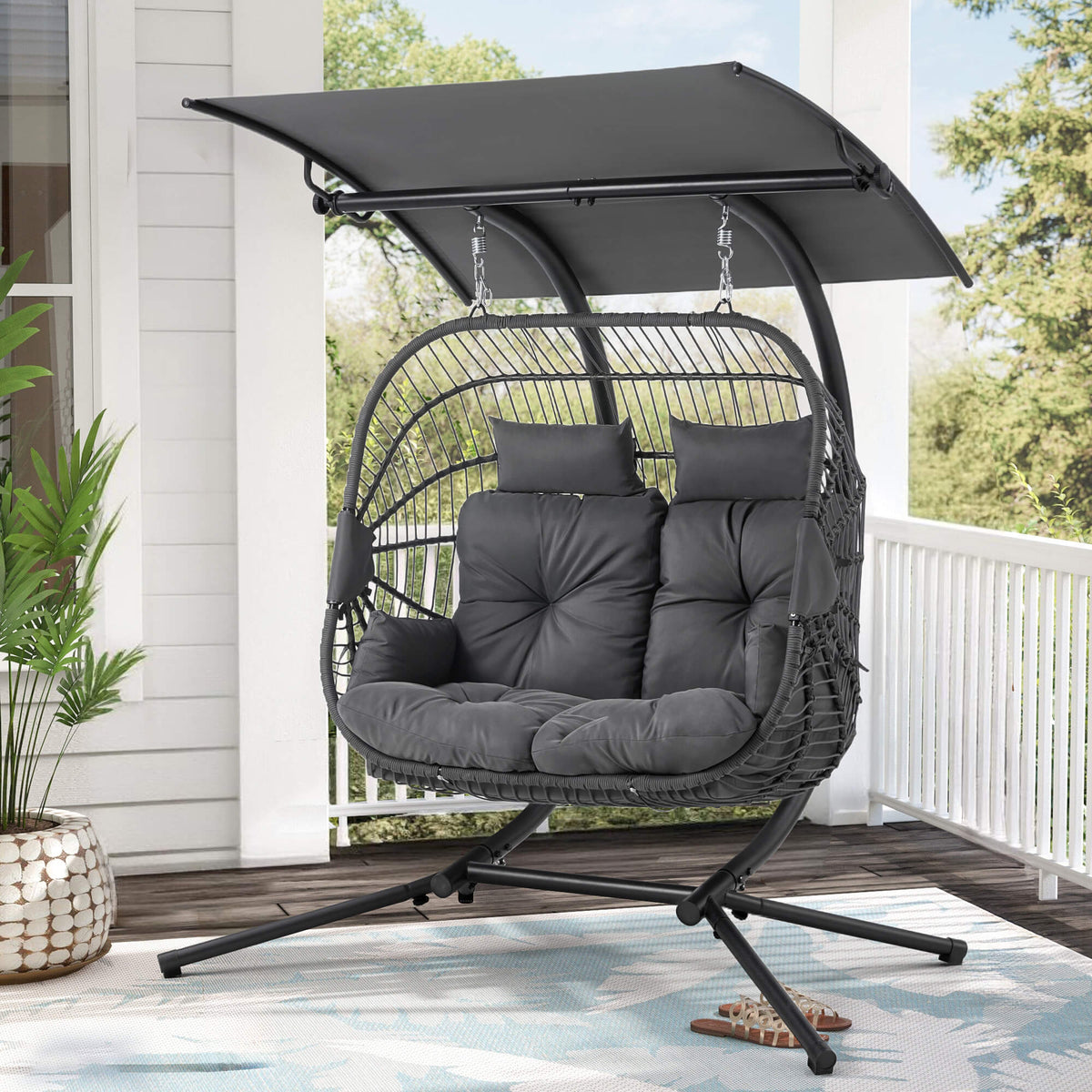 EROMMY Double Hanging Egg Chair with Stand and Extra Cushion, Gray