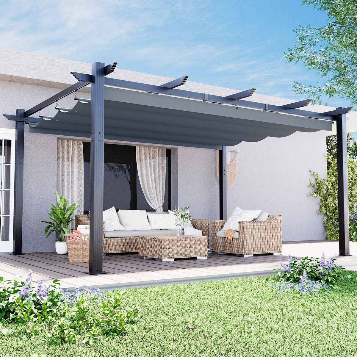 EROMMY Retractable Pergola 12x16 Ft, Outdoor Aluminum Shelter with Dual Adjustable Sun Shade Canopy for Patio Backyard, Locking System Includes Straps & Screws (Gray)