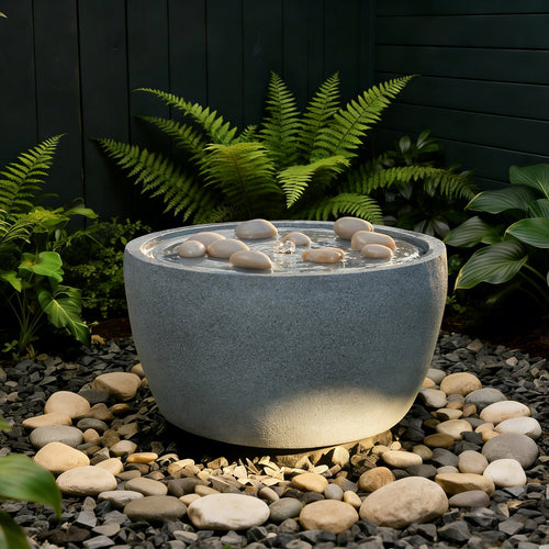 EROMMY 10.6"Tall Outdoor Water Fountain - Resin Garden Water Feature with LED Lights Effect, Gray