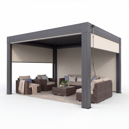 EROMMY 12' x 12' Louvered Pergola with Pull-Down Screens, Aluminum Outdoor Pergola with Retractable Roof for Patios, Decks & Backyards, Black