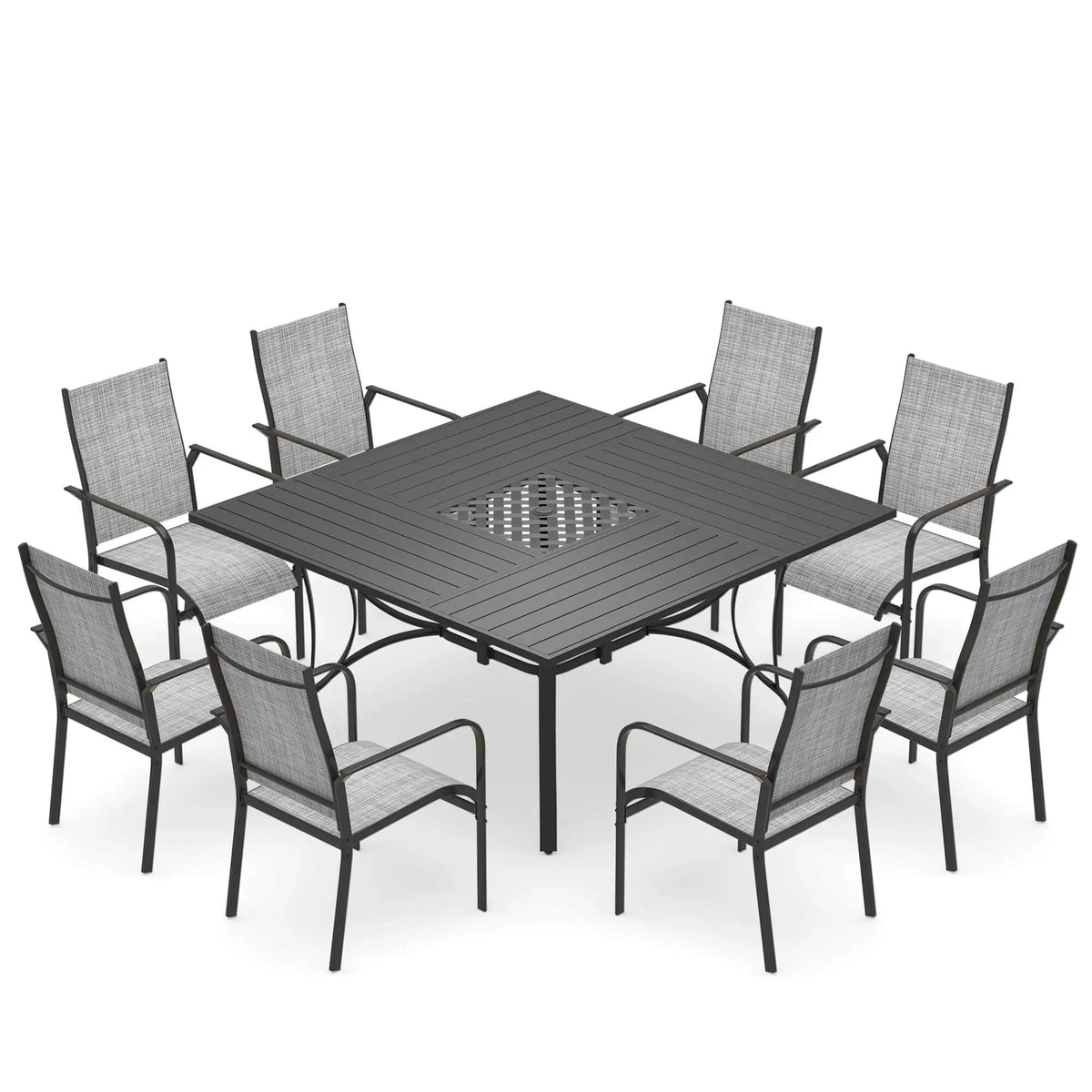 EROMMY 9 Piece Patio Dining Set, Outdoor Dining Table And Chairs Set For 8, 8 PVC-coated polyester Chairs, 1 Iron Square Table With Adjustable Umbrella Hole (1.57"-1.97"), Gray