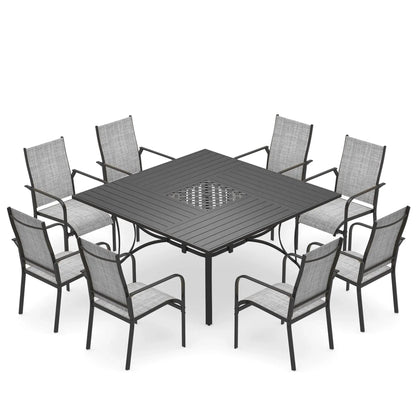 EROMMY 9 Piece Patio Dining Set, Outdoor Dining Table And Chairs Set For 8, 8 PVC-coated polyester Chairs, 1 Iron Square Table With Adjustable Umbrella Hole (1.57"-1.97"), Gray