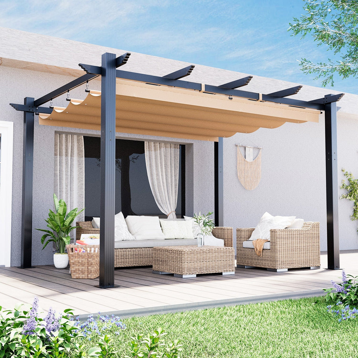 EROMMY Retractable Pergola 10x13 Ft, Outdoor Aluminum Shelter with Dual Adjustable Sun Shade Canopy for Patio Backyard, Locking System Includes Straps & Screws (Khaki)