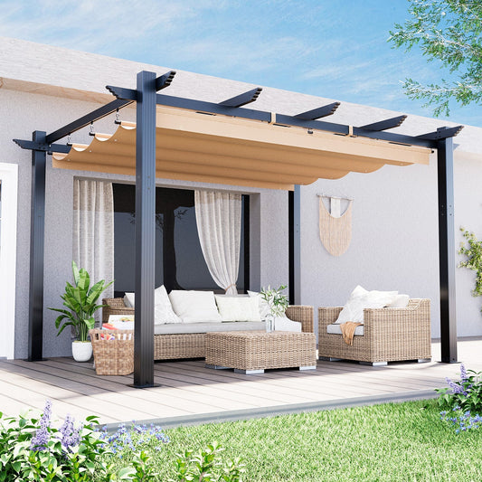 EROMMY Retractable Pergola 10x13 Ft, Outdoor Aluminum Shelter with Dual Adjustable Sun Shade Canopy for Patio Backyard, Locking System Includes Straps & Screws (Khaki)
