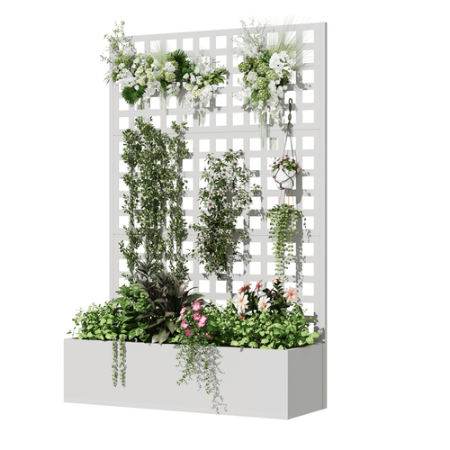 EROMMY Metal Planter Box with Trellis, 71"x 47"x 16" Raised Garden Bed with Trellis, Planter Box Trellis with Privacy Screen and Drainage Holes, White