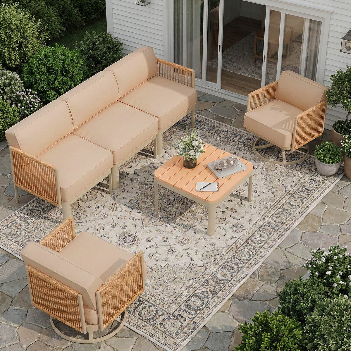EROMMY 5 Seats Patio Furniture Set,Outdoor Swivel Glider Rocking Chairs with 6" Thick Cushions, 3-seat & Coffee Table, Beige