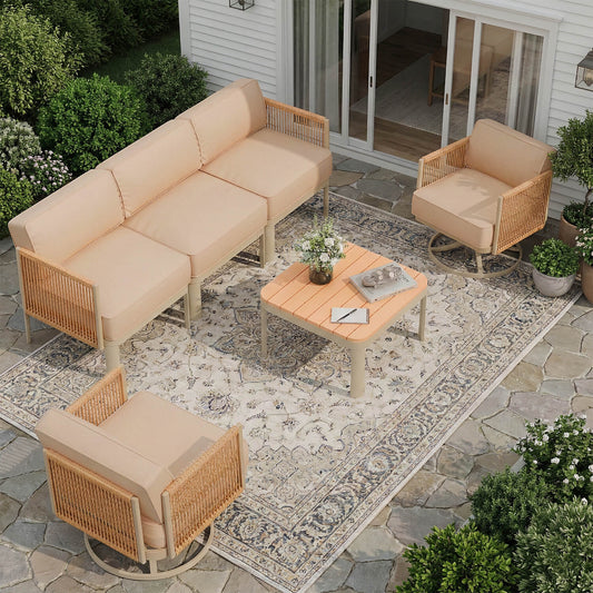 EROMMY 5 Seats Patio Furniture Set,Outdoor Swivel Glider Rocking Chairs with 6" Thick Cushions, 3-seat & Coffee Table, Beige