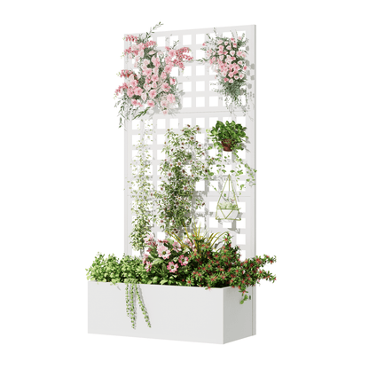 EROMMY Metal Planter Box with Trellis, 71"x 35"x 16" Raised Garden Bed with Trellis, Planter Box Trellis with Privacy Screen and Drainage Holes, White