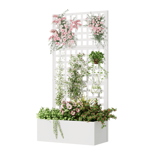 EROMMY Metal Planter Box with Trellis, 71"x 35"x 16" Raised Garden Bed with Trellis, Planter Box Trellis with Privacy Screen and Drainage Holes, White