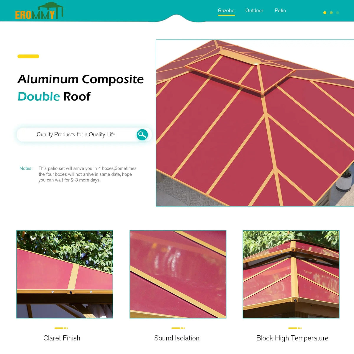 EROMMY 12X16 Waterproof Gazebo with Aluminum Double Roof