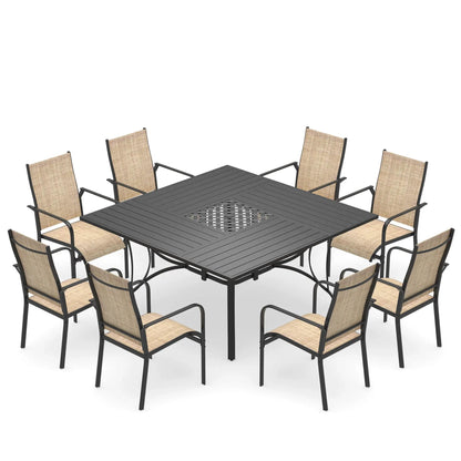 EROMMY 9 Piece Patio Dining Set, Outdoor Dining Table And Chairs Set For 8, 8 PVC-coated polyester Chairs, 1 Iron Square Table With Adjustable Umbrella Hole (1.57"-1.97"), Brown