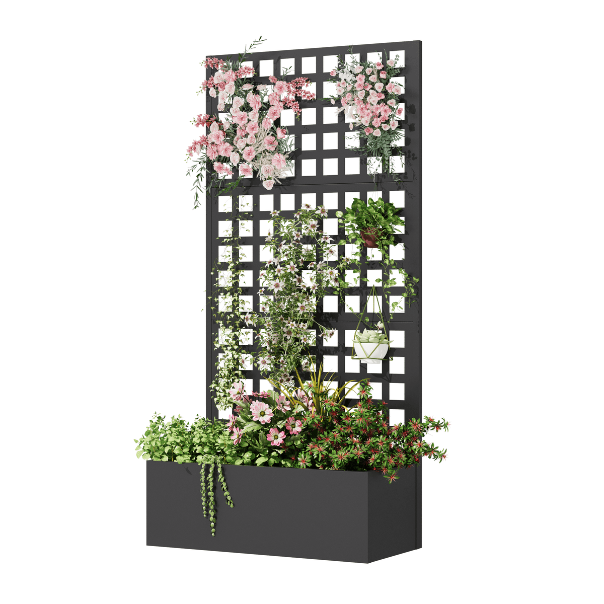 EROMMY Metal Planter Box with Trellis, 71"x 35"x 16" Raised Garden Bed with Trellis, Planter Box Trellis with Privacy Screen and Drainage Holes, Black