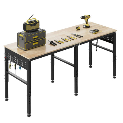 EROMMY 72" Adjustable Heavy Duty Workbench with Power Outlets & Pegboard, 2000 LBS Capacity Rubber Wood Top Work Table for Garage, Workshop, Home & Commercial