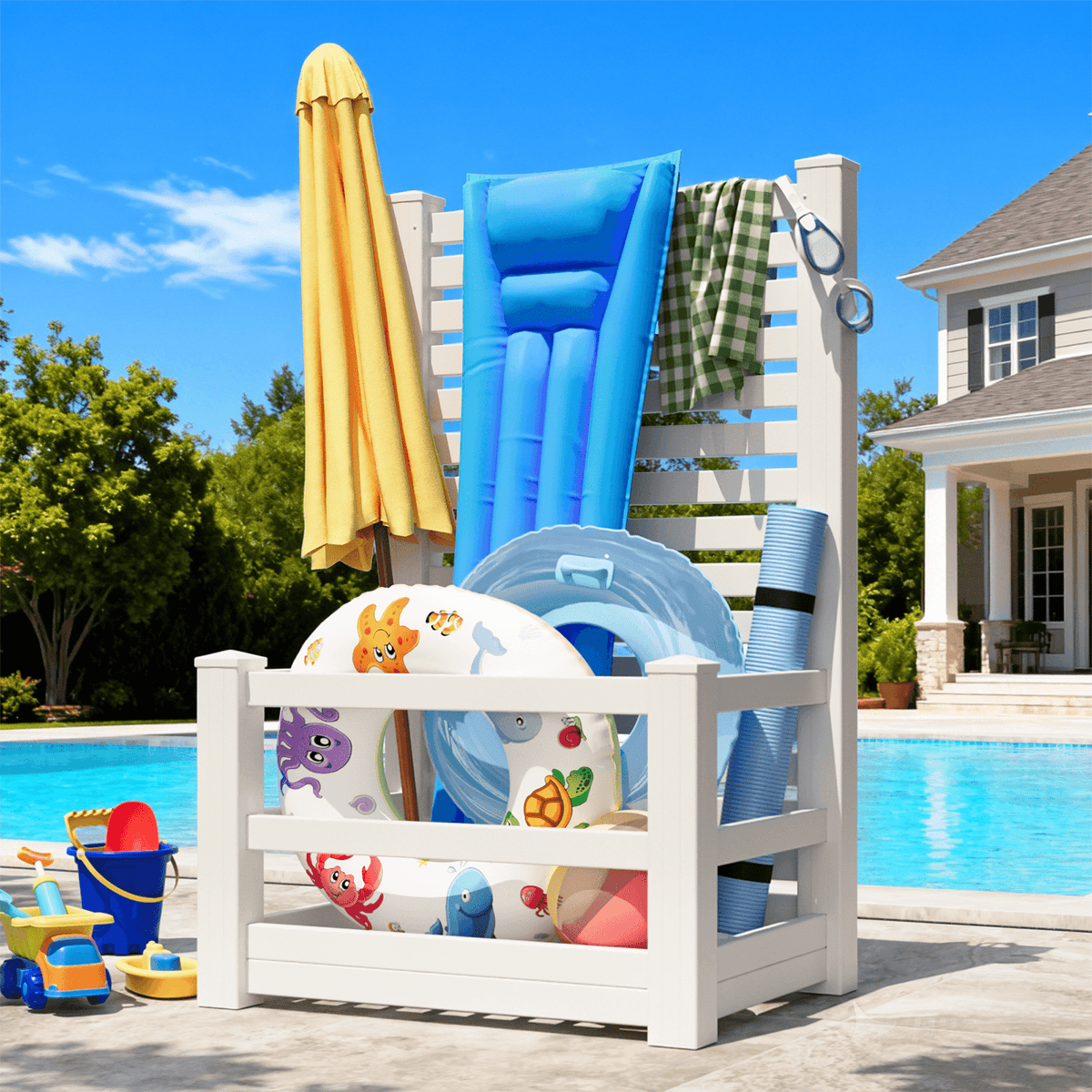 EROMMY 71" H Privacy Screen Pool Storage Organizer, Freestanding Pool Float Holder Replaces Deck Box, White