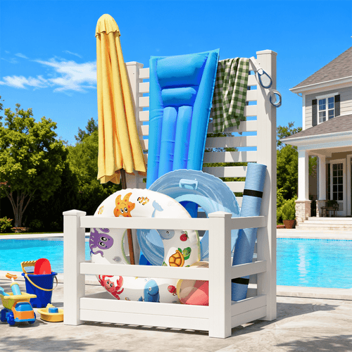 EROMMY 71" H Privacy Screen Pool Storage Organizer, Freestanding Pool Float Holder Replaces Deck Box, White