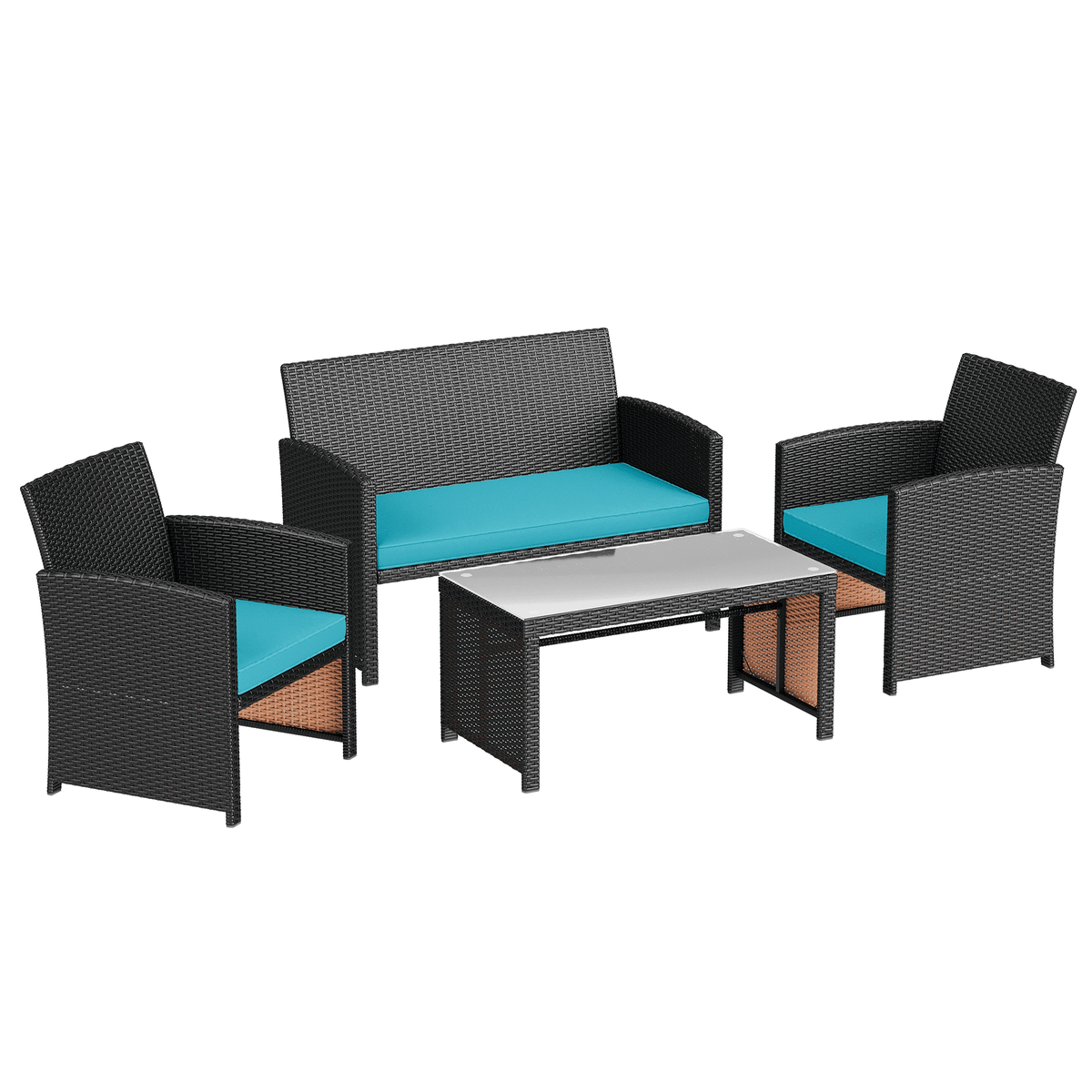 EROMMY 4-Piece Patio Furniture Set, Outdoor Wicker Patio Conversation Set with Cushions, Sofa & Glass Coffee Table, Blue