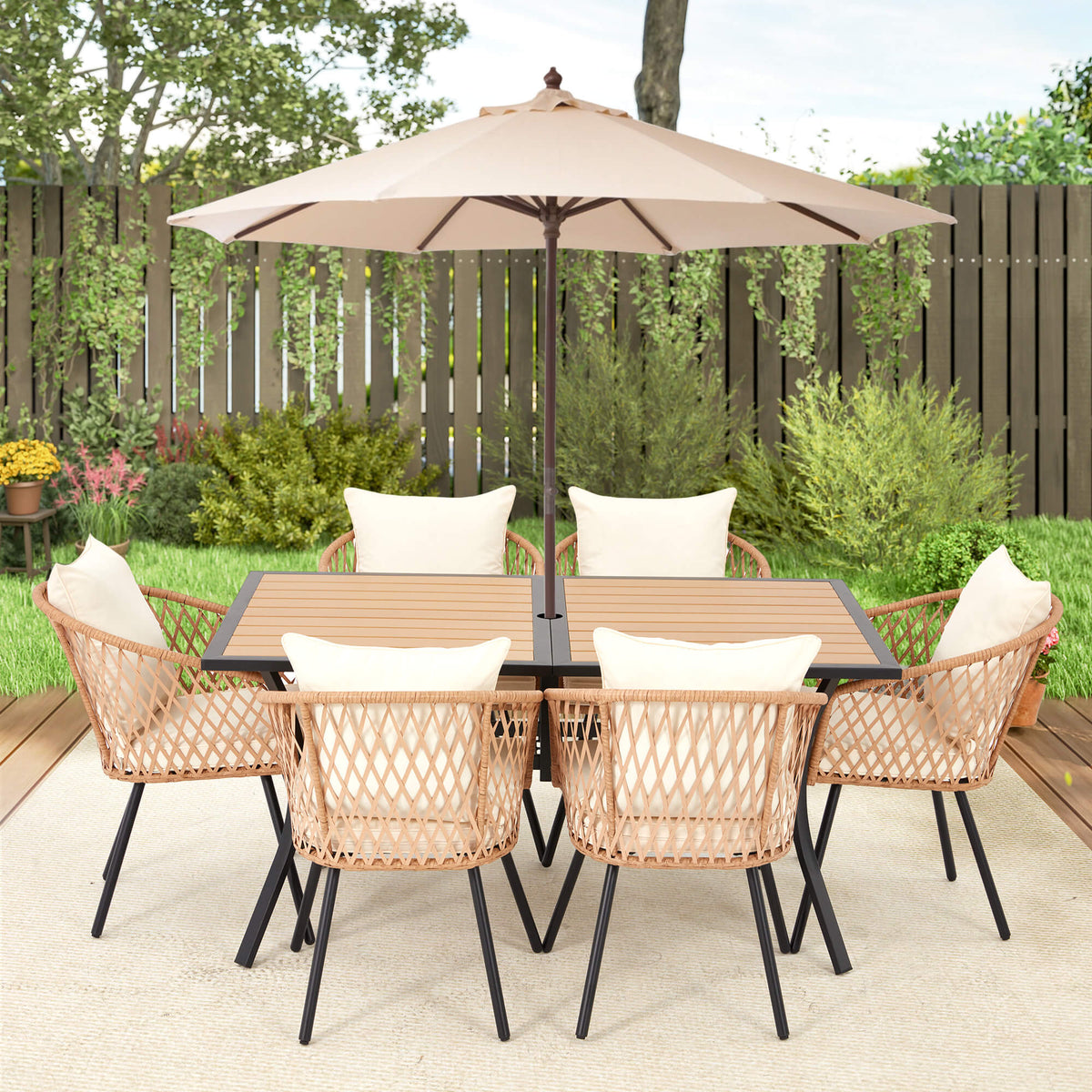 EROMMY 7-Piece Outdoor Dining Set – Rectangular Table with Umbrella Hole & 6 Rattan Chairs, Beige